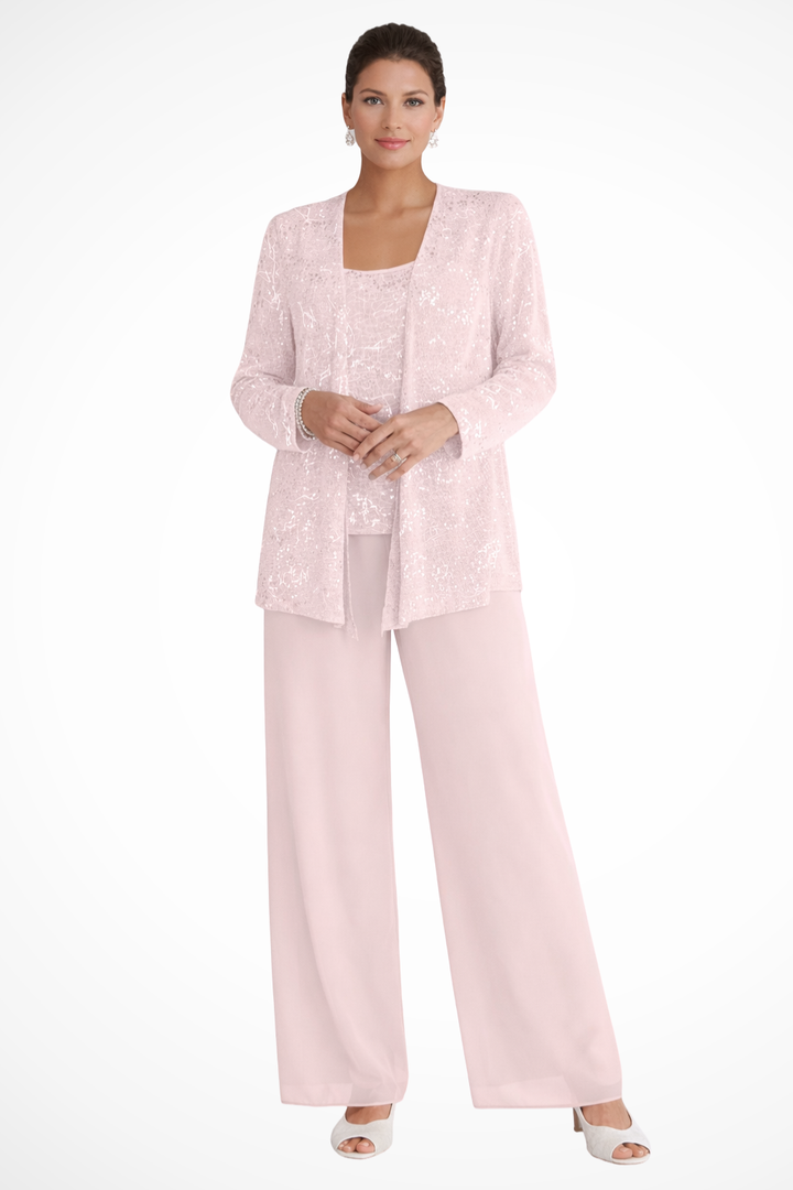 Women's elegant three-piece formal evening set featuring a flowing, sophisticated design.