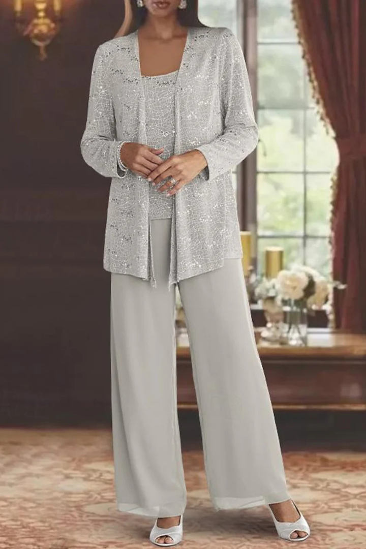 Stylish women's three-piece formal evening set with flowing silhouette, perfect for galas.