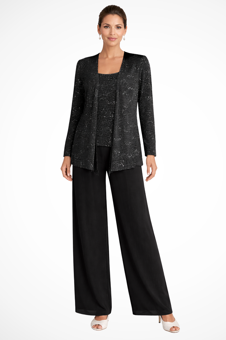 Elegant women's three-piece formal wear with a flowing design for sophisticated evening events.
