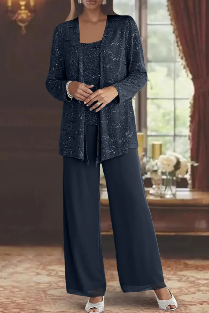 Formal women's three-piece evening set, elegant and flowing, ideal for gala events.