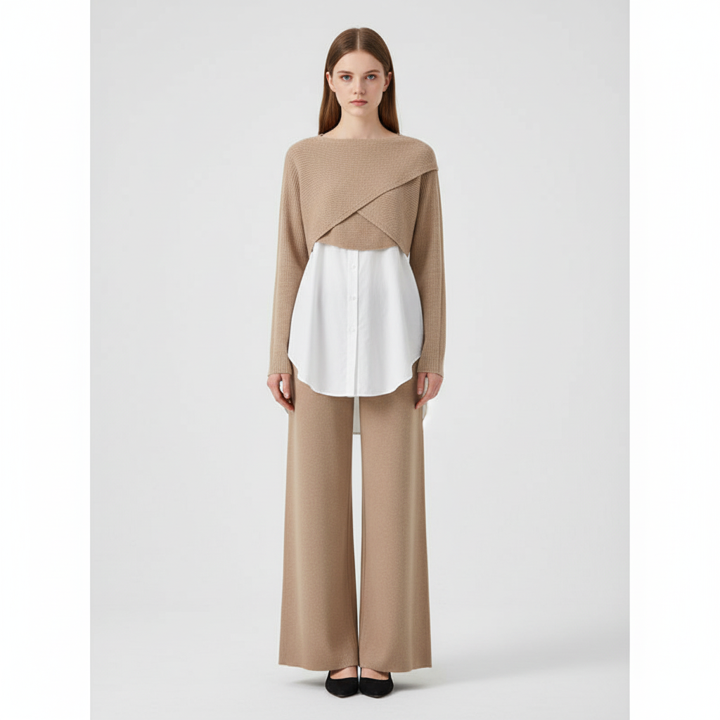 Soft knit top with matching collared shirt and wide-leg pants, a versatile 3-piece women's fashion set.