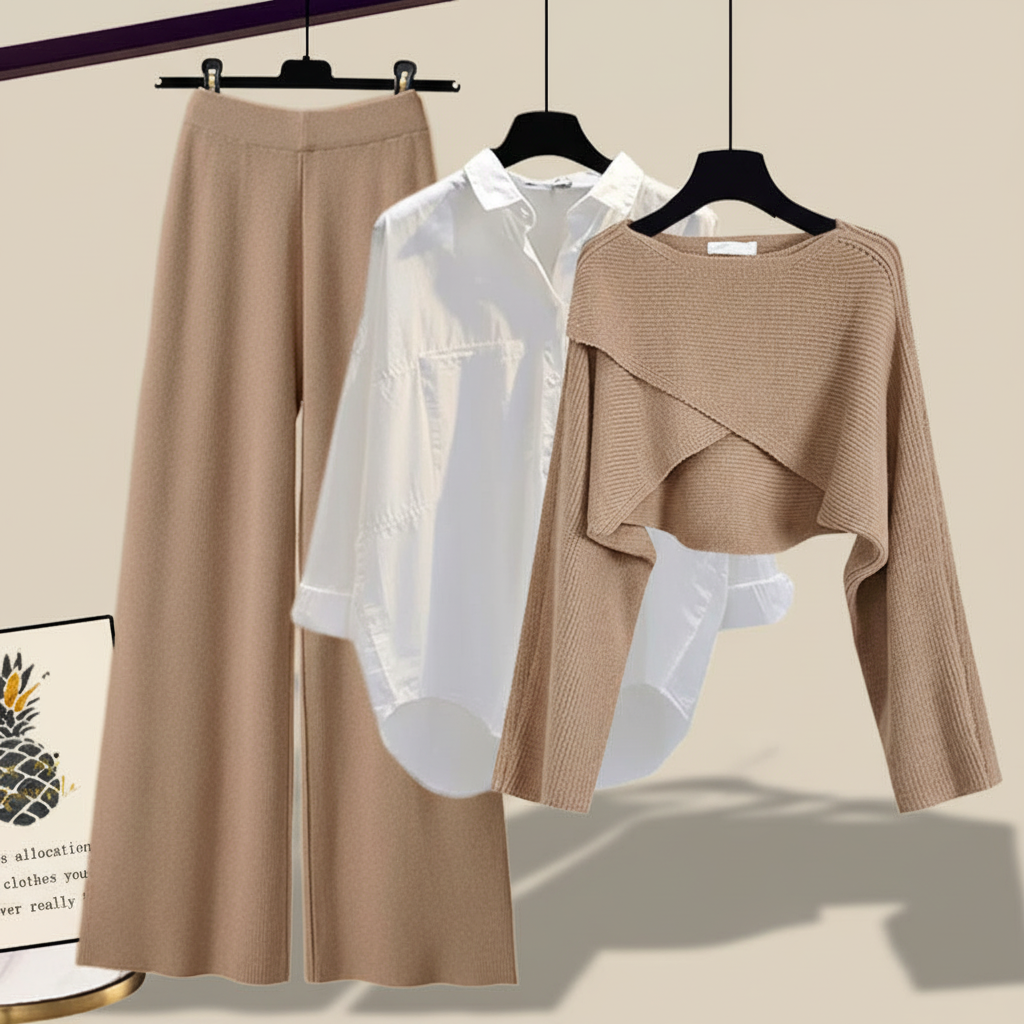 Birgit women's knit 3-piece set featuring a comfortable long-sleeve top, button-up shirt, and stylish wide-leg pants.