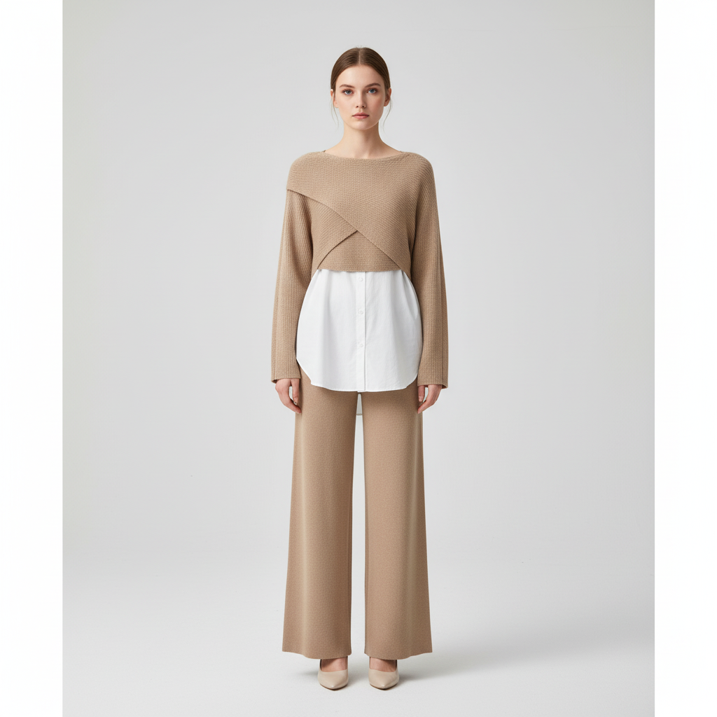 Chic women's loungewear: 3-piece knit outfit with a top, shirt, and wide-leg pants for effortless style.