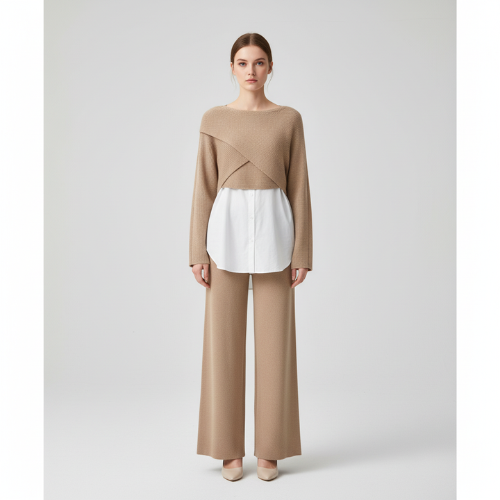 Chic women's loungewear: 3-piece knit outfit with a top, shirt, and wide-leg pants for effortless style.