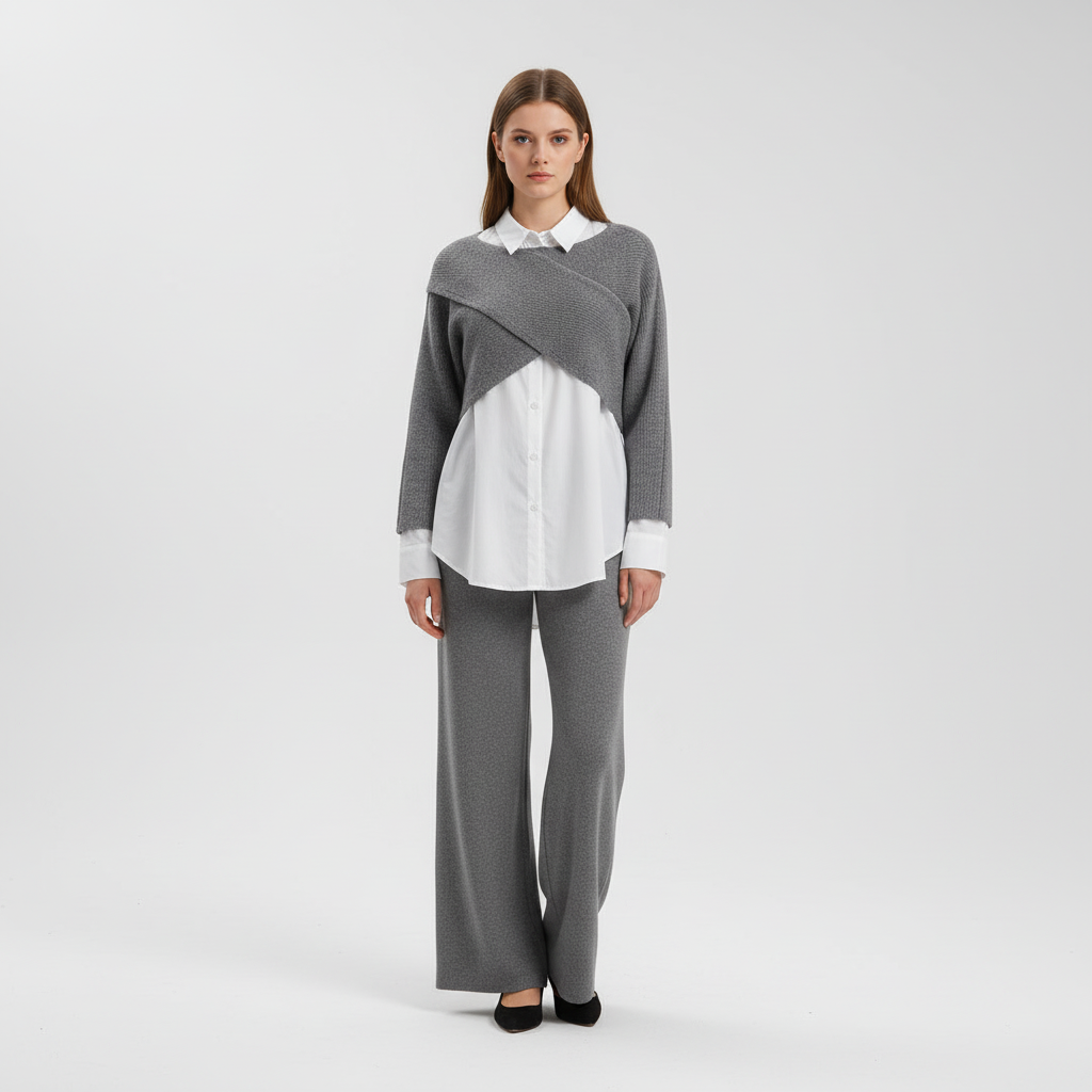 Fashionable women's cotton polyester 3-piece set, including a knit top, elegant shirt, and comfortable wide-leg pants.
