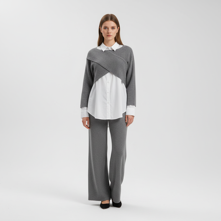 Fashionable women's cotton polyester 3-piece set, including a knit top, elegant shirt, and comfortable wide-leg pants.