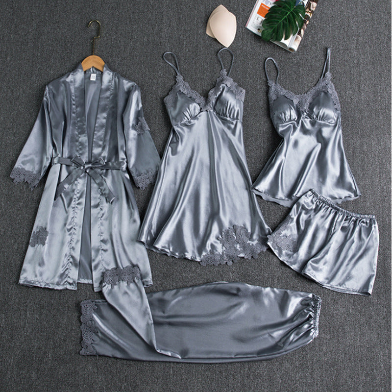 Soft women's 5-piece satin loungewear set: a comfy camisole, long pants, shorts & matching lace-trimmed robe.