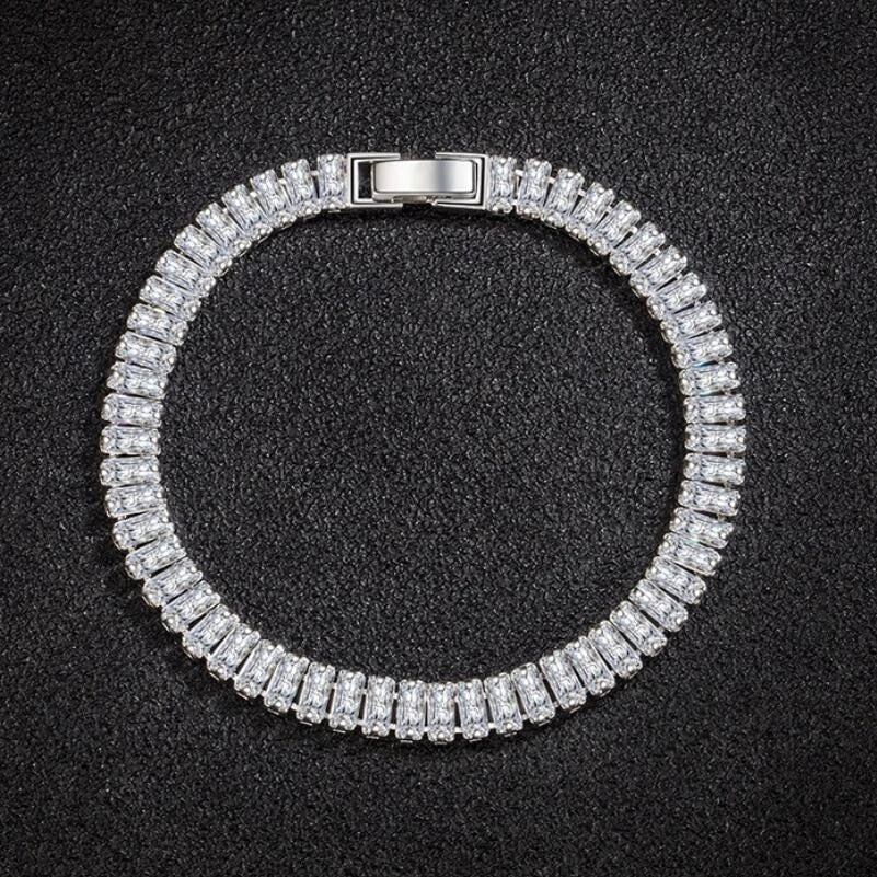 Close-up of an elegant women's 925 sterling silver crystal bracelet, showcasing its intricate design and sparkle.
