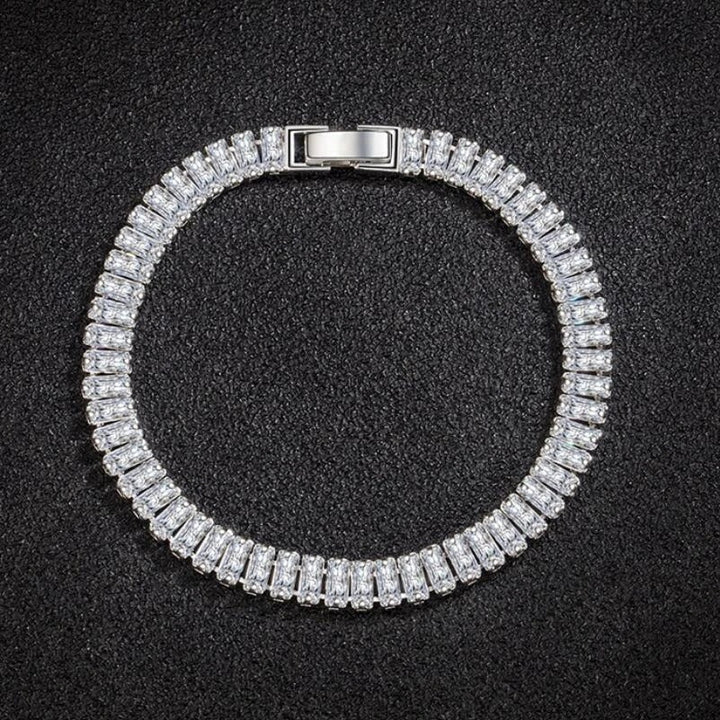 Close-up of an elegant women's 925 sterling silver crystal bracelet, showcasing its intricate design and sparkle.