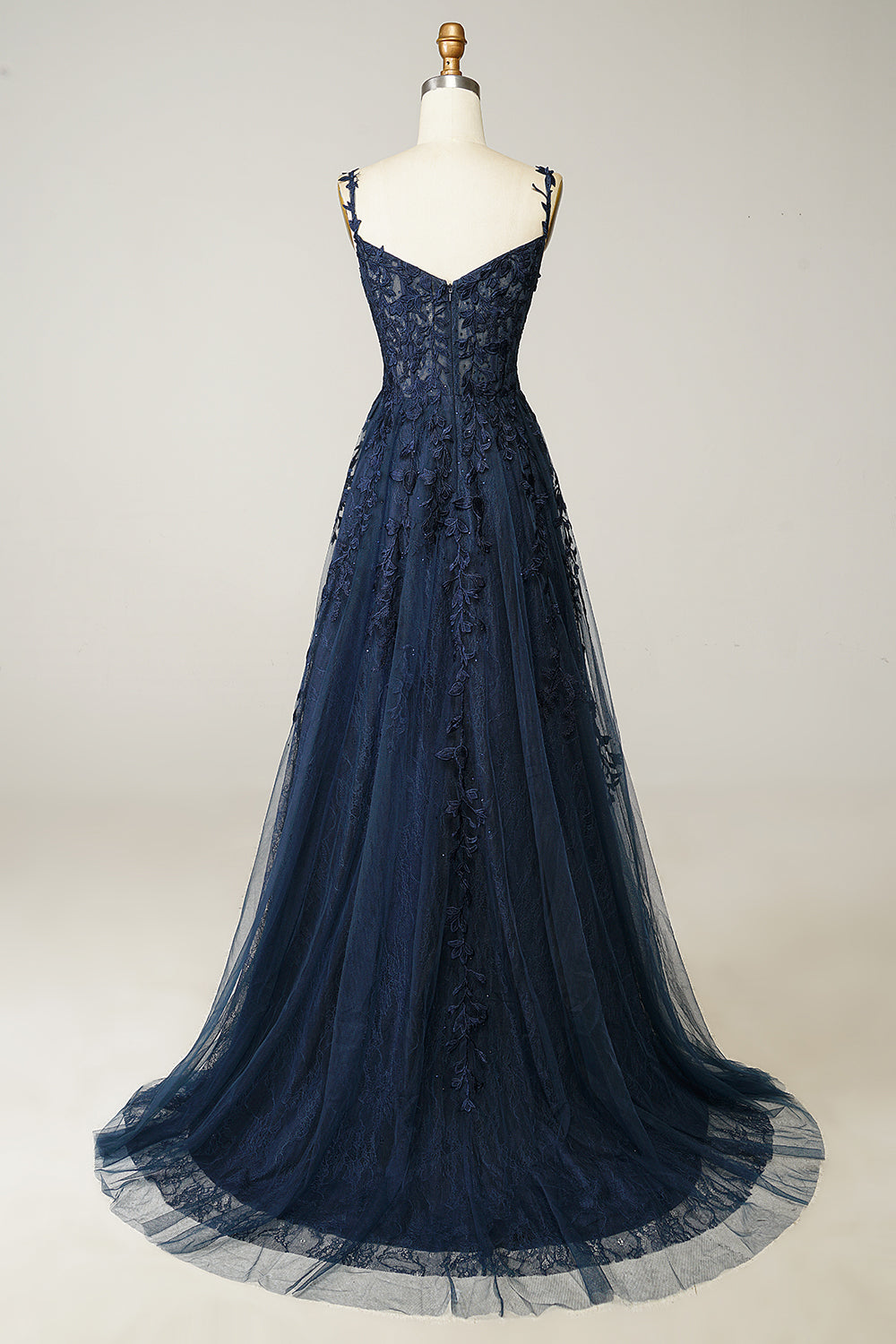 Stunning polyester A-line evening gown with intricate appliqué details, ideal for formal women's events.