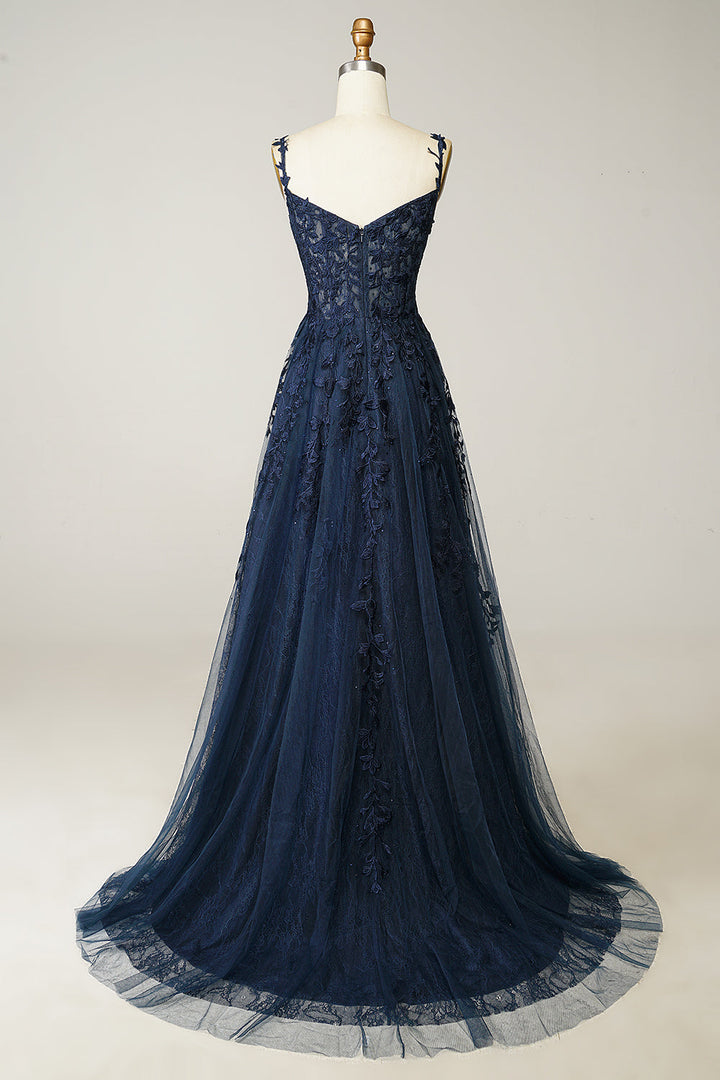 Stunning polyester A-line evening gown with intricate appliqué details, ideal for formal women's events.