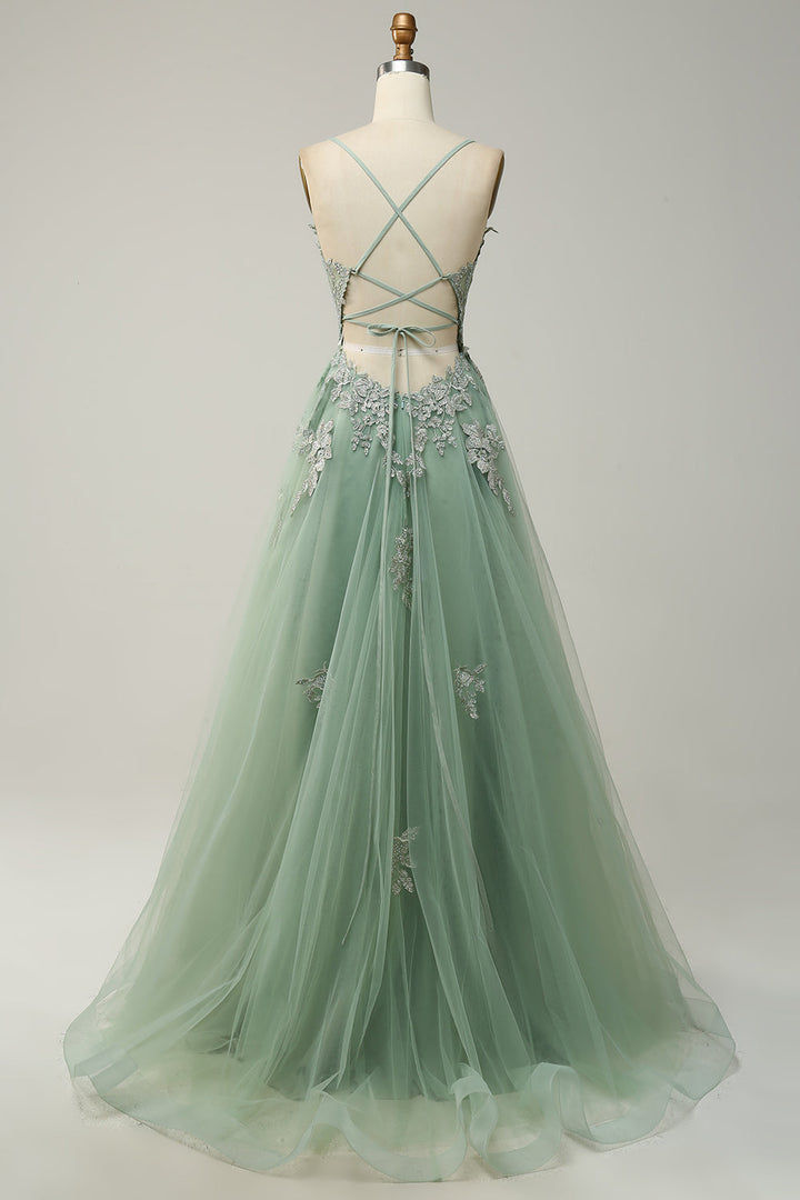 Women's A-Line Prom Dress with spaghetti straps & lace-up back. Ideal wedding guest or gala gown.