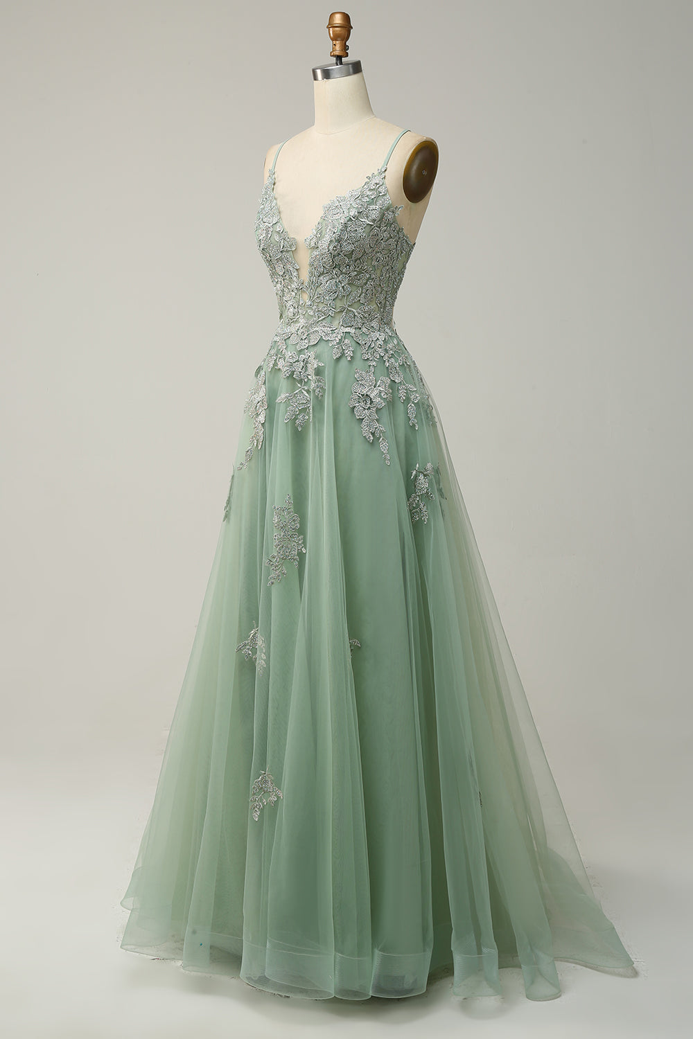 Julia A-Line Evening Gown for women, spaghetti straps & elegant lace-up back. Special occasion formal dress.