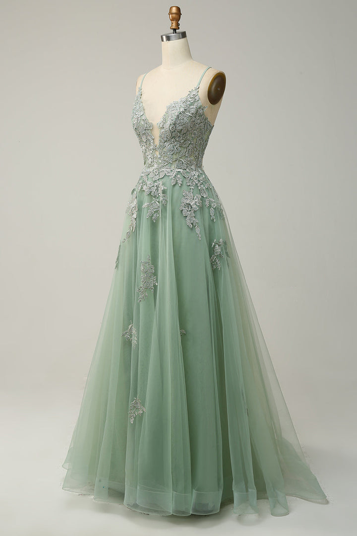 Julia A-Line Evening Gown for women, spaghetti straps & elegant lace-up back. Special occasion formal dress.