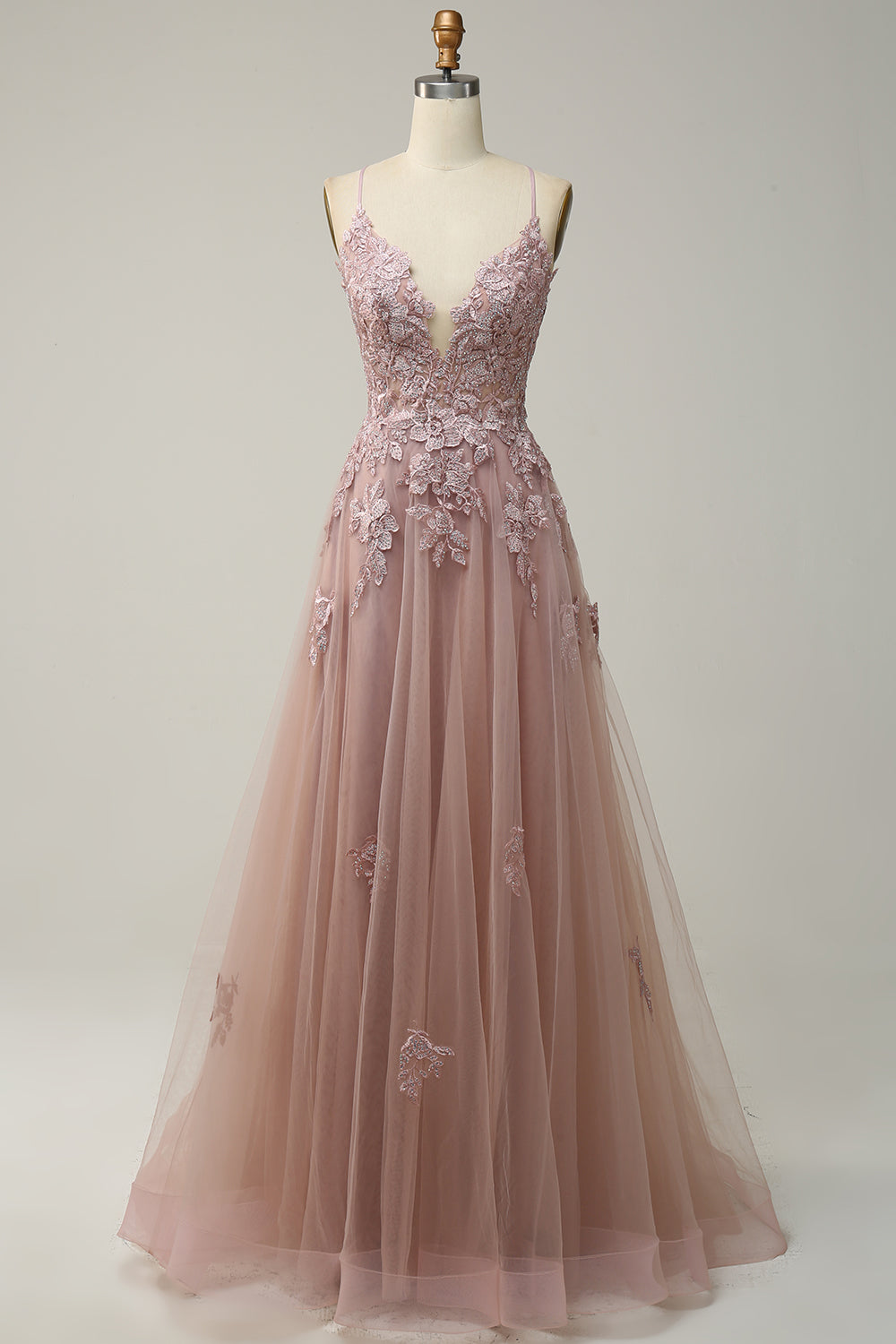 Graceful A-Line formal gown, spaghetti straps & adjustable lace-up back. Women's elegant long dress.