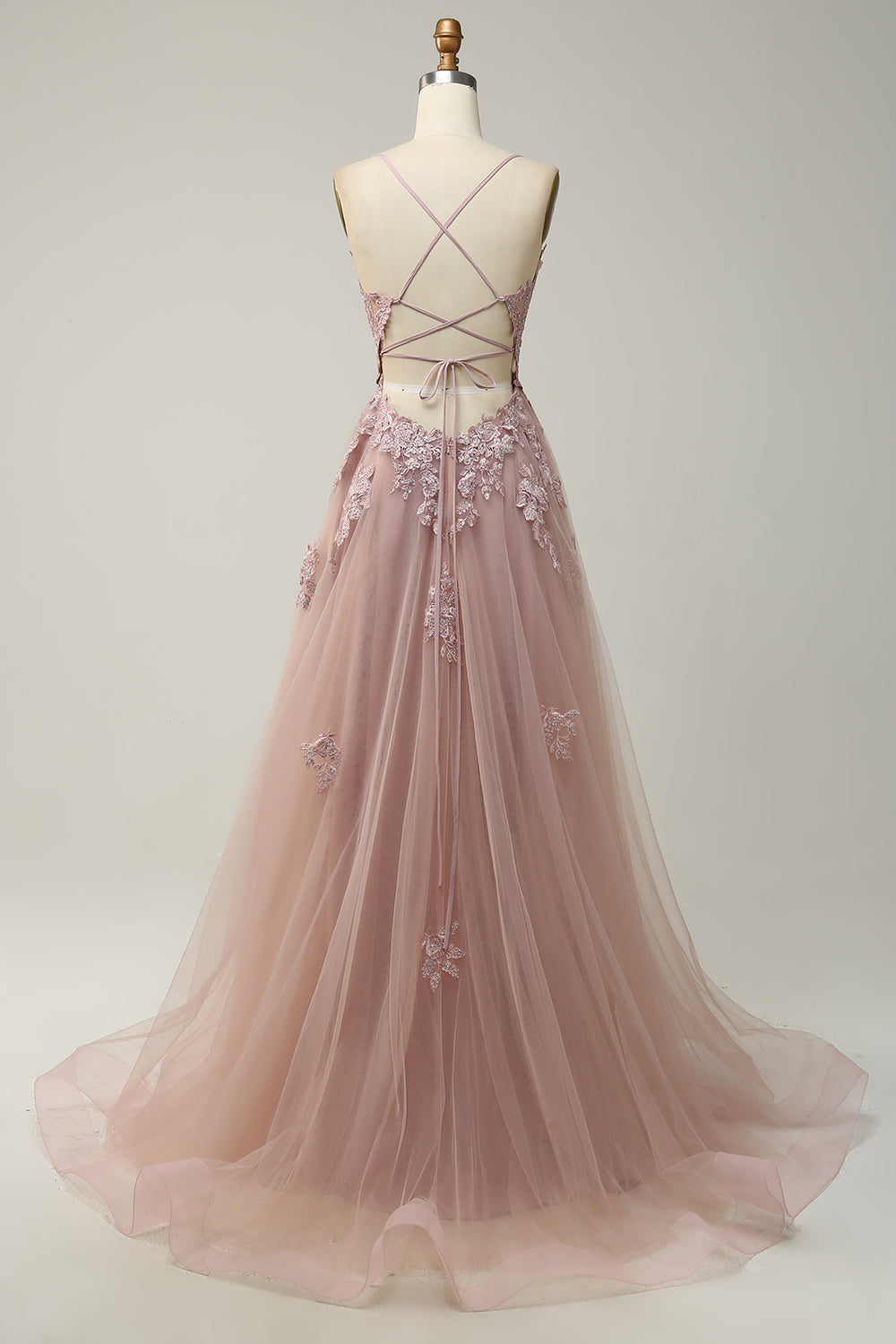 Close-up: Elegant lace-up back detail on Women's A-Line Evening Gown with delicate spaghetti straps.