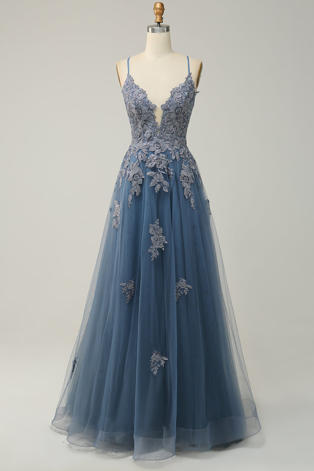 Bodice detail: Women's A-Line Evening Gown, spaghetti straps & flattering neckline. Prom/gala dress.