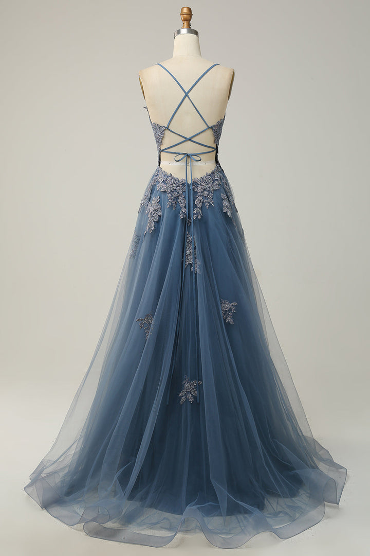 Flowing A-Line Evening Gown for women, spaghetti straps & lace-up back. Elegant movement, formal events.