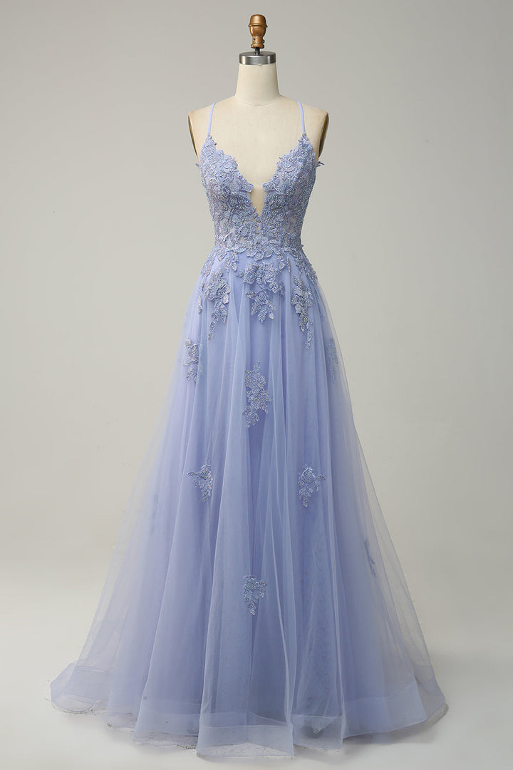 Versatile A-Line formal dress for women, spaghetti straps & lace-up back. Prom, wedding, gala suitable.