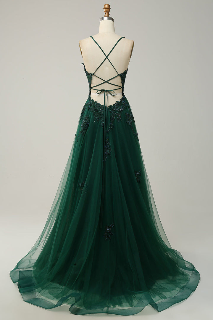 Stylish Women's A-Line Gala Dress, spaghetti straps & elegant lace-up back. Ideal for prom or weddings.