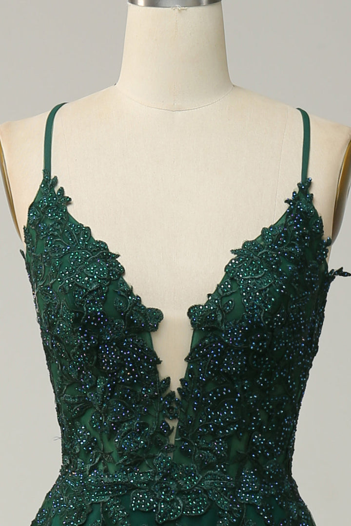 Full length Women's A-Line Evening Gown, spaghetti straps & lace-up back. Elegant formal occasion dress.