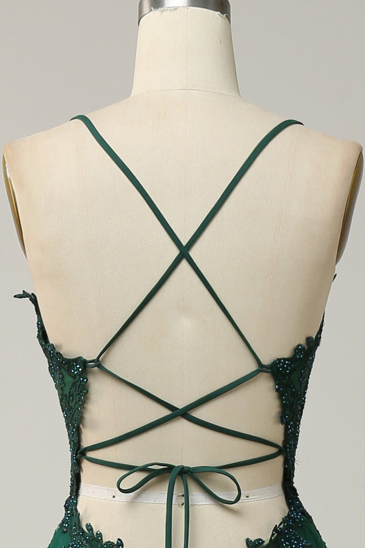Luxurious A-Line Evening Gown for women, spaghetti straps, lace-up back. Formal & elegant special occasion.