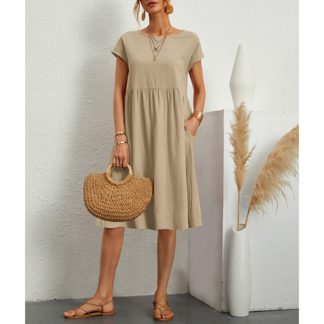 Elegant women's A-line midi dress, Elise style, perfect for sophisticated occasions. Comfortable short sleeve design.