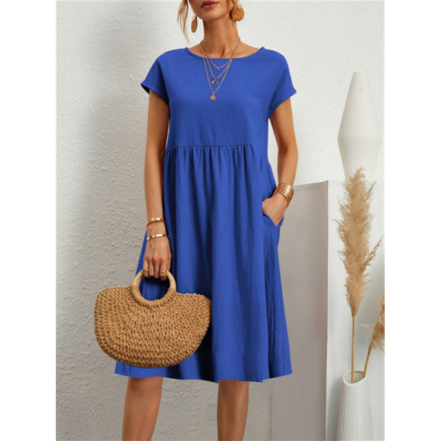 Beautiful women's A-line midi dress, Elise style. Comfortable short sleeve, versatile for elegant or casual fashion.