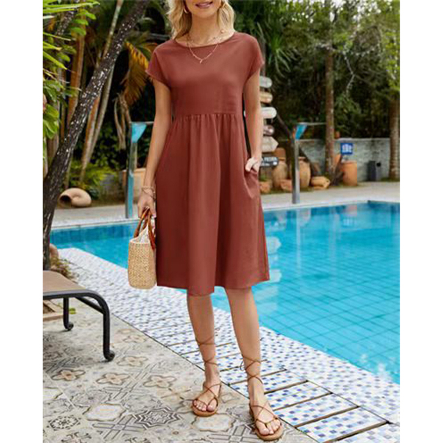 Classic A-line midi dress for women, Elise style. Elegant short sleeve design, ideal for versatile fashion & comfort.