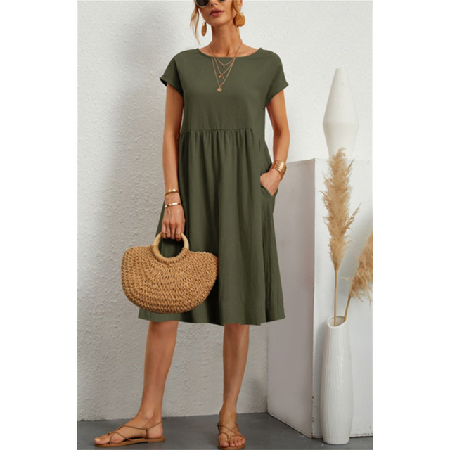 Versatile Elise A-line midi dress for women. Ideal for both casual & evening wear. Short sleeve, comfortable fit.