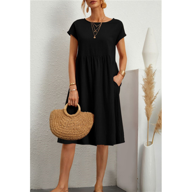 Comfortable A-line midi dress, Elise style, for women. Elegant short sleeve design, perfect for fashion-forward looks.