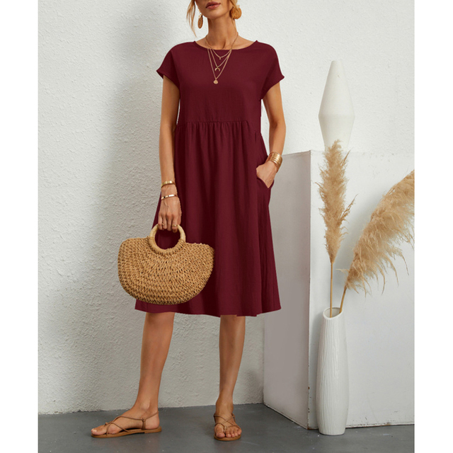Bestselling women's Elise A-line midi dress. Elegant short sleeve design, comfortable, & versatile fashion.