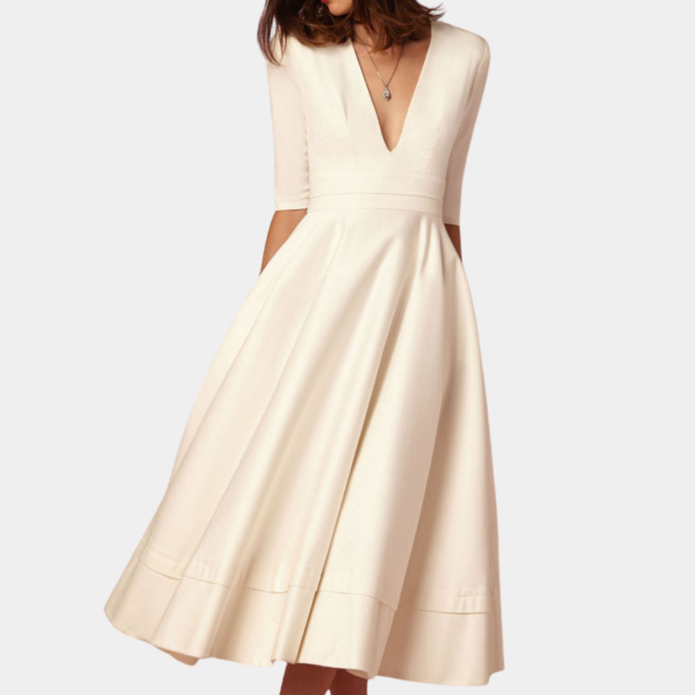 Elegant women's A-line midi dress, sleeveless with a stylish side slit, perfect for spring and summer fashion.