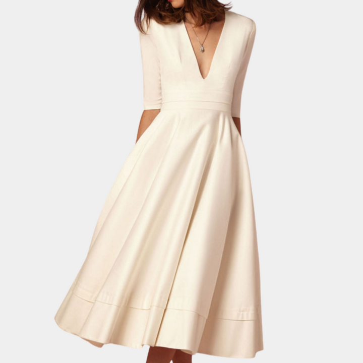 Elegant women's A-line midi dress, sleeveless with a stylish side slit, perfect for spring and summer fashion.