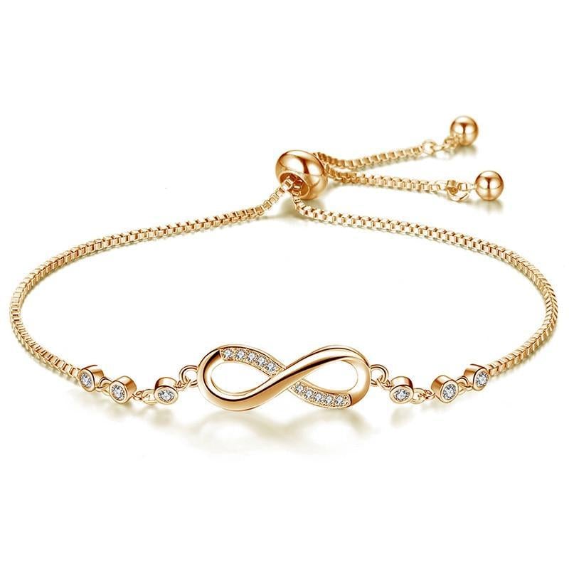 Stylish Amaya adjustable infinity bracelet for women. Features silver, gold, or rose gold finish. Perfect elegant gift.