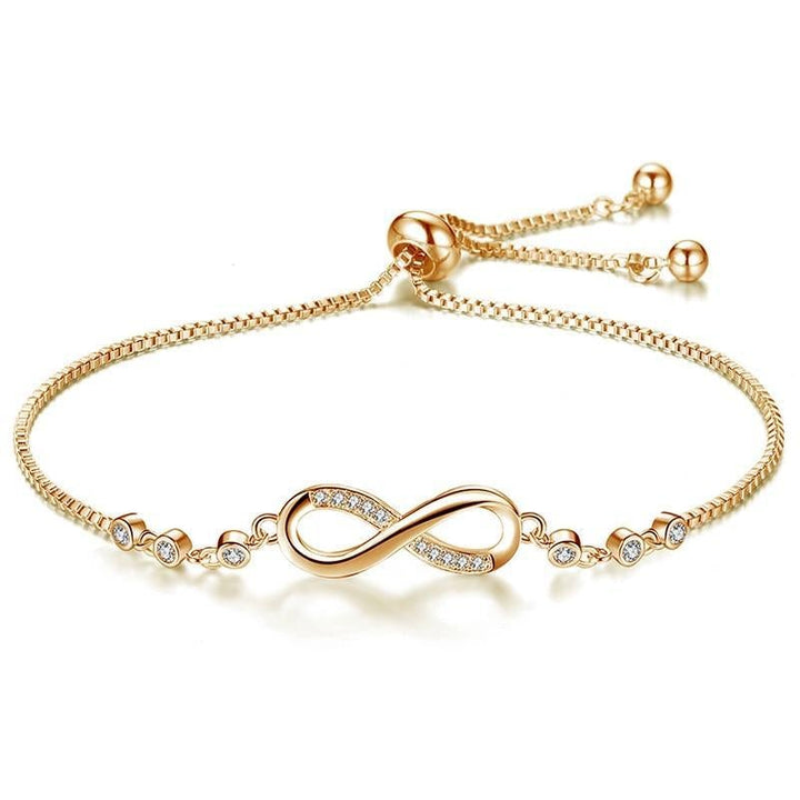 Stylish Amaya adjustable infinity bracelet for women. Features silver, gold, or rose gold finish. Perfect elegant gift.