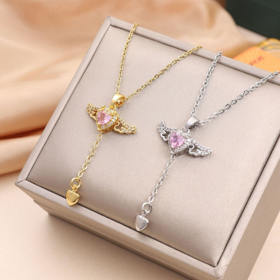 Silver angel wings necklace, an enchanting gemstone pendant for women, spiritual and elegant fashion jewelry.