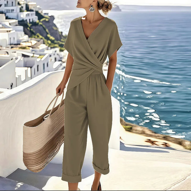 Casual elegant khaki wrap wide-leg jumpsuit for women, featuring a flattering waist, suitable for summer fashion.