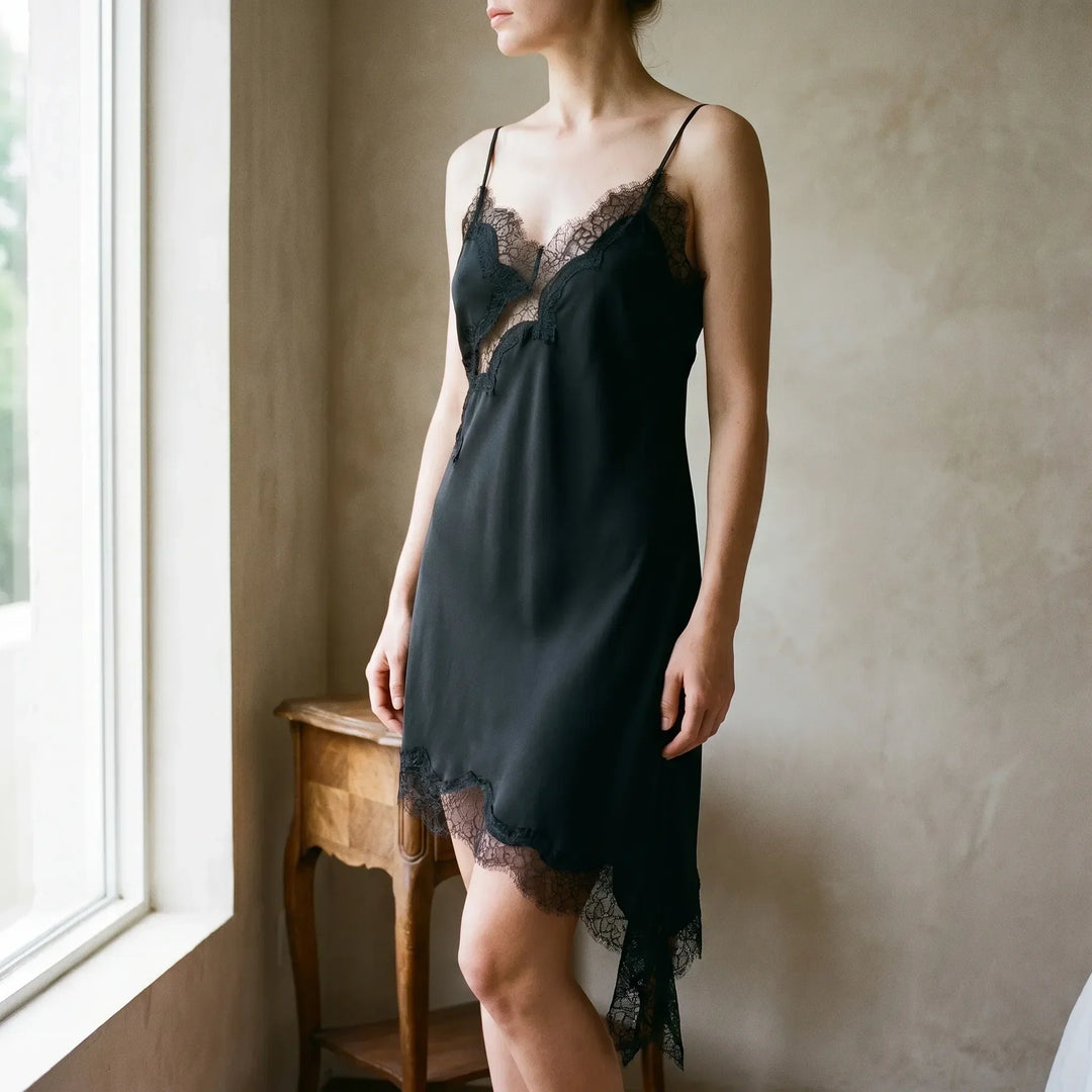 Elegant women's asymmetric lace V-neck slip dress, perfect for evening wear. Chic sleeveless party & cocktail dress.