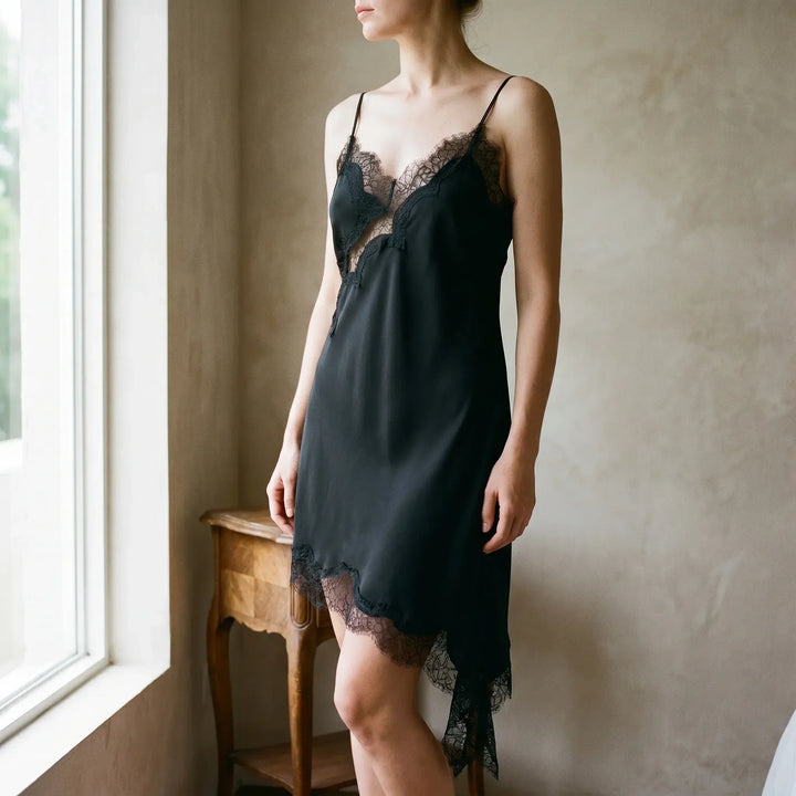 Elegant women's asymmetric lace V-neck slip dress, perfect for evening wear. Chic sleeveless party & cocktail dress.