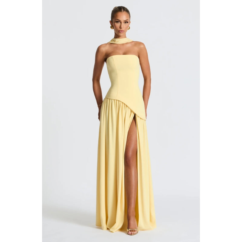 Elegant women's asymmetric strapless midi dress, perfect for cocktails or parties.