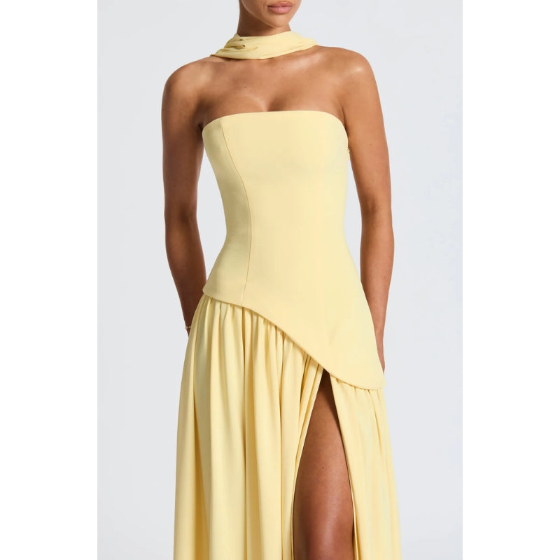 Stylish strapless asymmetric midi dress for women, ideal for party or cocktail events.