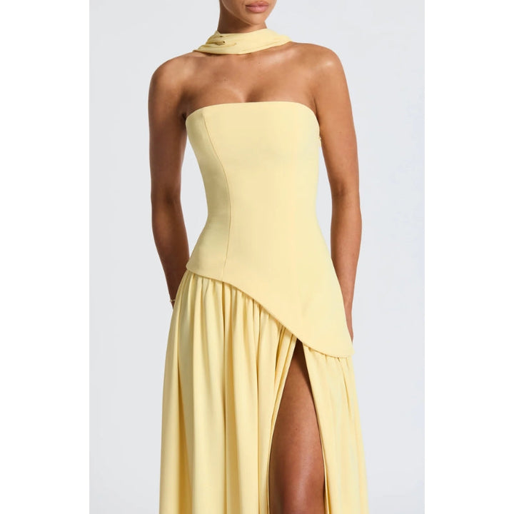 Stylish strapless asymmetric midi dress for women, ideal for party or cocktail events.