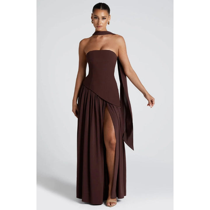 Flowy women's summer midi dress, strapless and asymmetric, elegant for warm evenings.