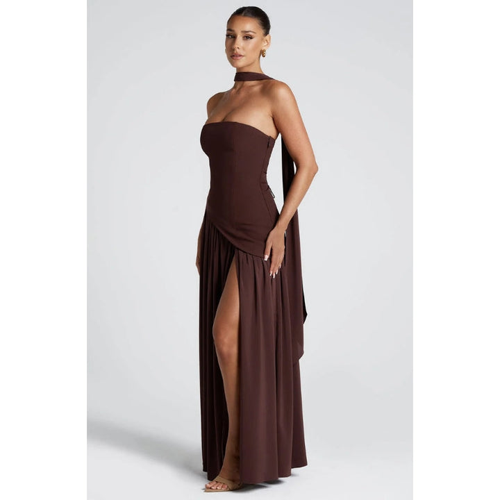 Elegant women's asymmetric strapless midi dress featuring a chic sheer skirt.