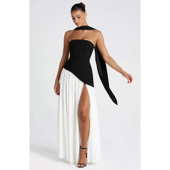 Sophisticated women's midi dress, strapless & asymmetric, great for elegant events.