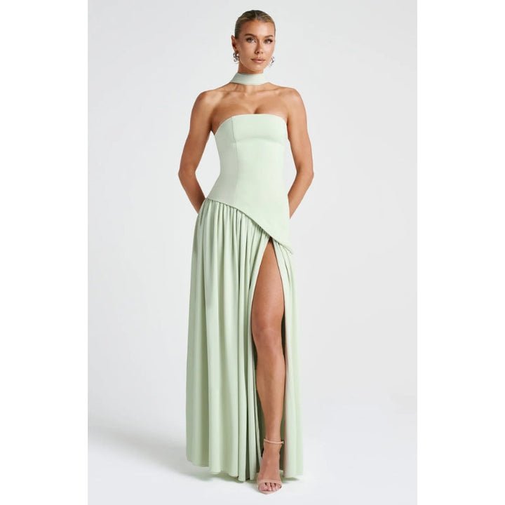 Women's elegant asymmetric strapless midi dress, a chic cocktail or party dress.