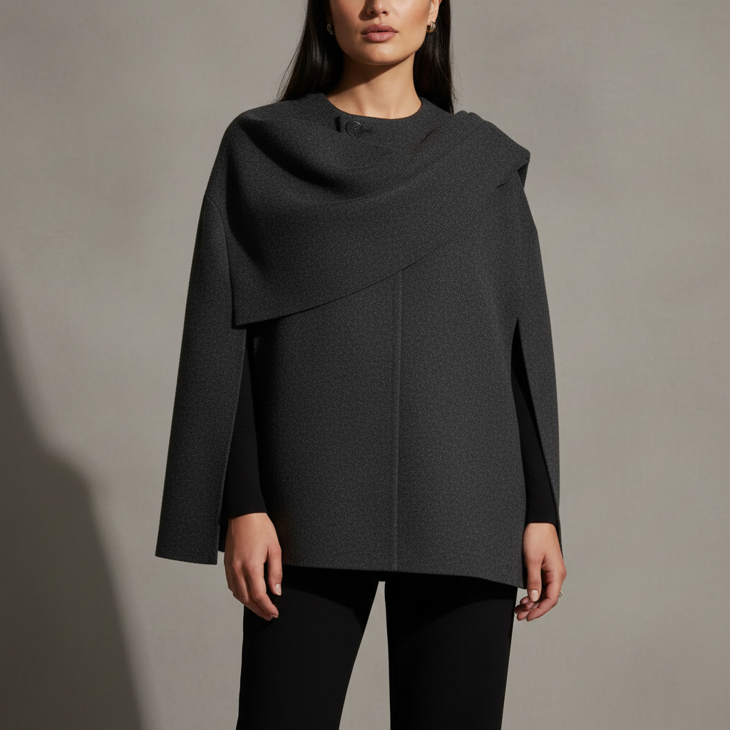 Elegant women's asymmetrical cape jacket, black, for sophisticated winter outerwear fashion