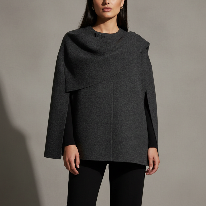 Elegant women's asymmetrical cape jacket, black, for sophisticated winter outerwear fashion