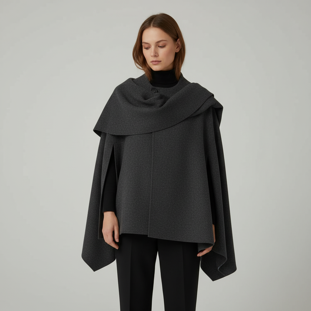 Leilani women's wide-cut asymmetrical cape jacket in dark fabric, elegant fashion